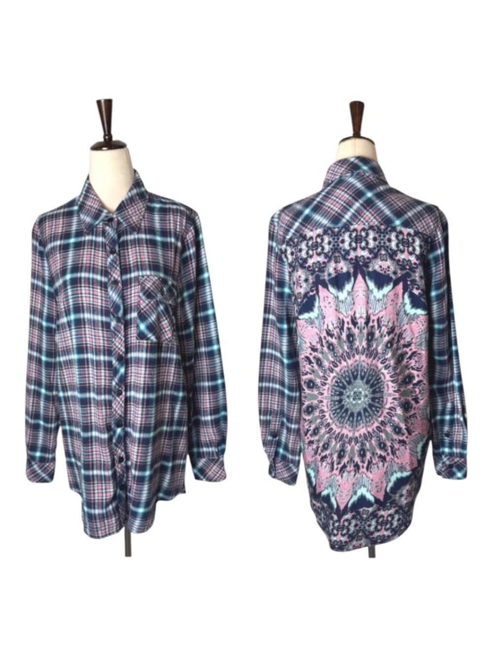 Tolani Shirt Women Medium Blue Pink Plaid Flannel Button Down Mandala Back Boho